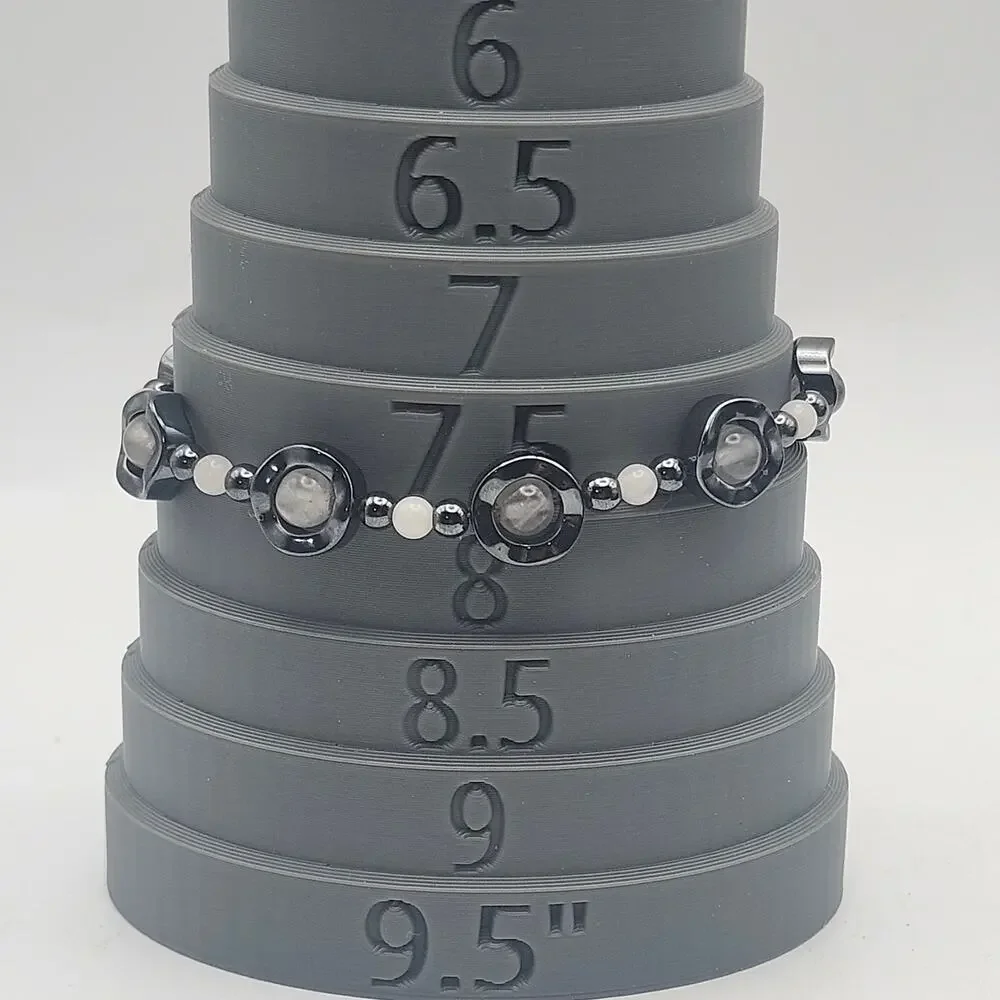 Smoky Quartz Hematite White Beaded Bracelet Black Gray Gemstone Clasp 7.5 Inch